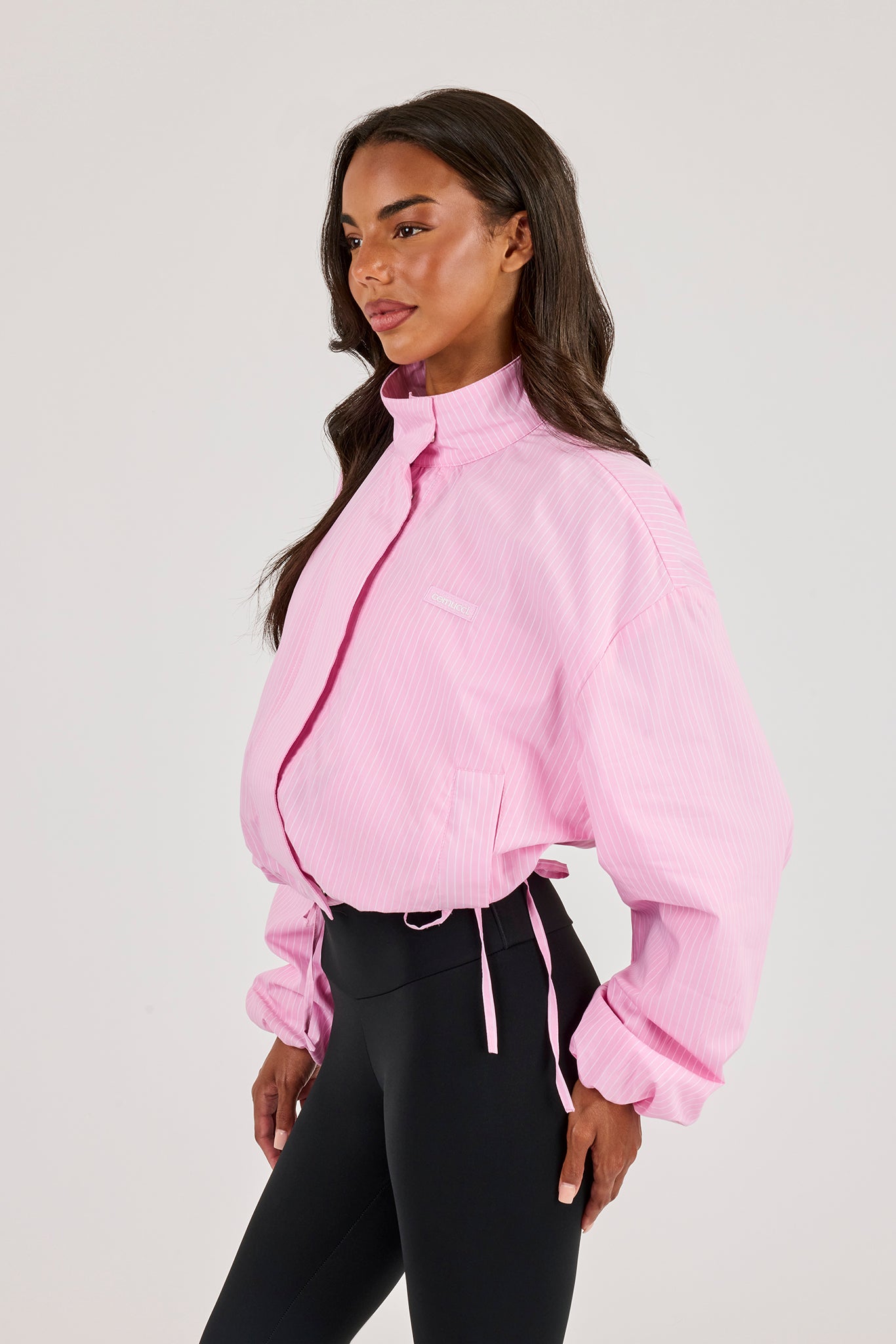 Stripe Nylon Funnel Neck Jacket - Pink